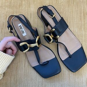 Anthropologie Bibi Lou Leslie Heeled Black Sandals with Gold Accents